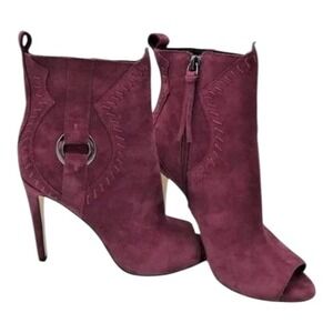 Rebecca Minkoff Peep Toe Suede Ankle Boots Burgundy Heel Zip Side Booties 7.5
